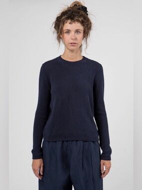 apuntob Luxury Alpaca Wool & Cotton Everyday Navy Crewneck Sweater Size Small